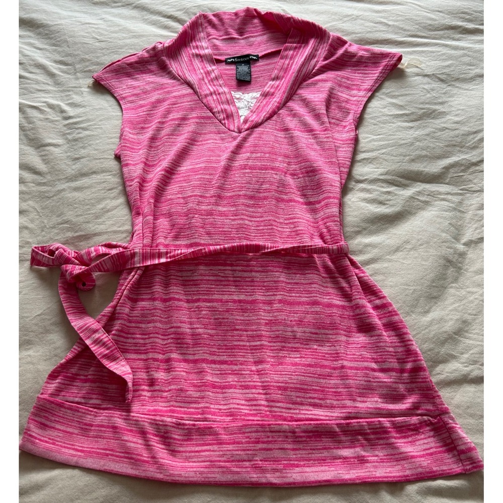 Sixteen 88 Pink Space Dye Tunic Top Cap Sleeve Lace Inset Shawl Collar Medium
